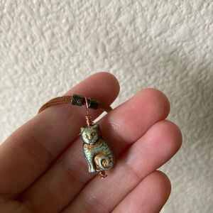 Brown Suede Cord Necklace with Czech Glass  Cat Pendant